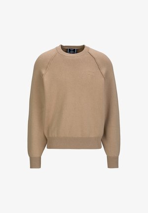 Beige Sweatshirt mit gerippten Bündchen und Saum, rundem Halsausschnitt und gesticktem Logo auf der Brust. Hergestellt aus weichem, strukturiertem Stoff.
