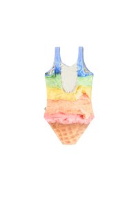 Én-stykket badedrakt med et fargerikt iskremdesign i gule, grønne, rosa og brune toner; teksturer av kule og kjeks er tydelige.
