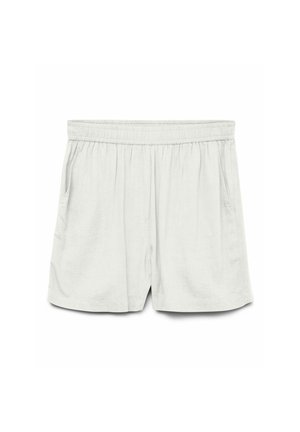 Lys grå shorts med elastisk talje, plisseret design og sidelommer; lavet af blødt, åndbart stof.