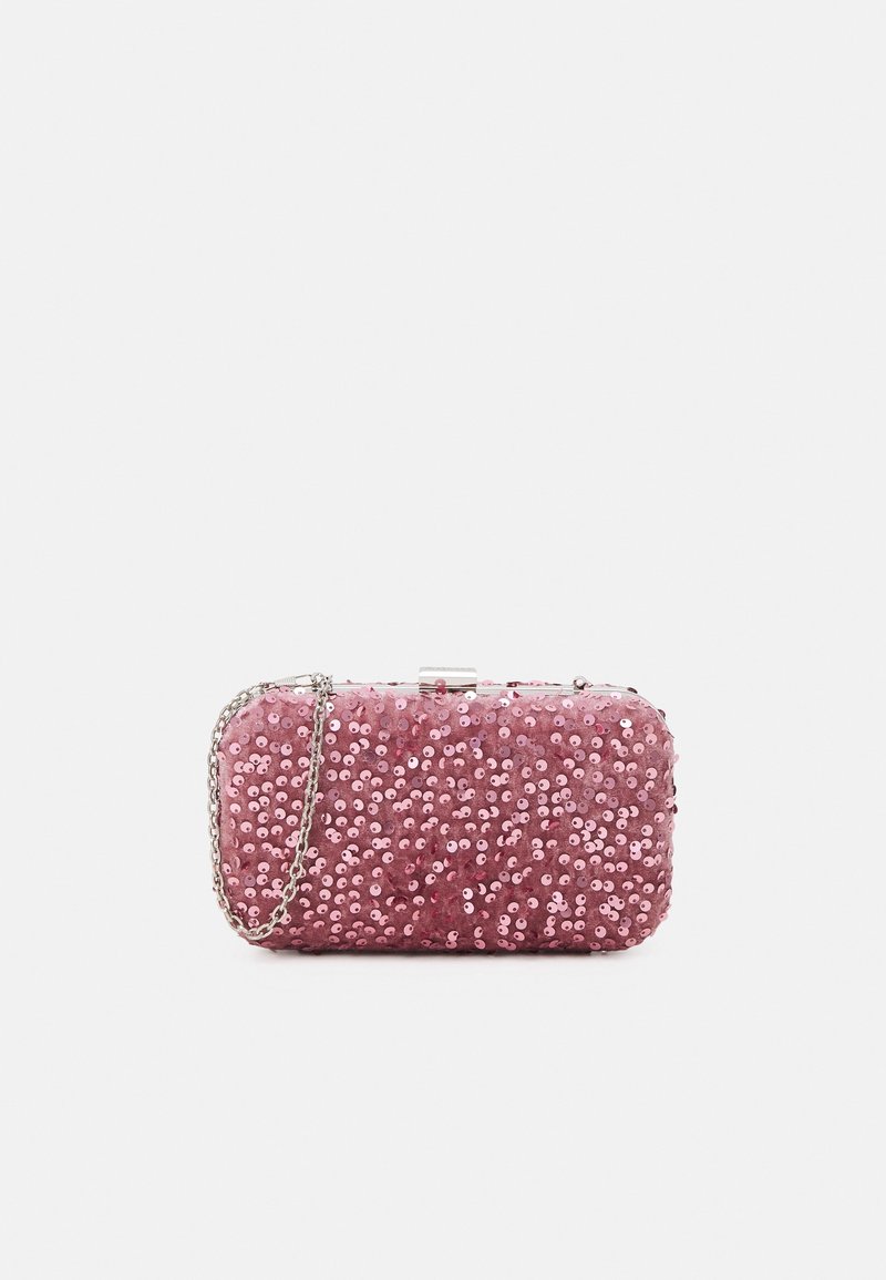 Rosa paljetterad clutch-väska i rektangulär form, med metallspänne och silverkedjesnor. Texturerad yta med glimrande paljetter.