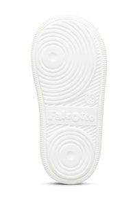 Suola di scarpa in gomma bianca con motivi circolari concentrici e texture, con il nome del marchio "Falcotto" impresso su una porzione piatta.