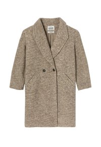Manteau marron en chevrons avec col cranté, fermeture double boutonnage et deux poches latérales. Fabriqué en tissu texturé, de conception mi-longue.