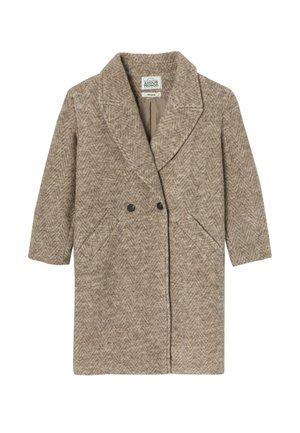 Manteau marron en chevrons avec col cranté, fermeture double boutonnage et deux poches latérales. Fabriqué en tissu texturé, de conception mi-longue.