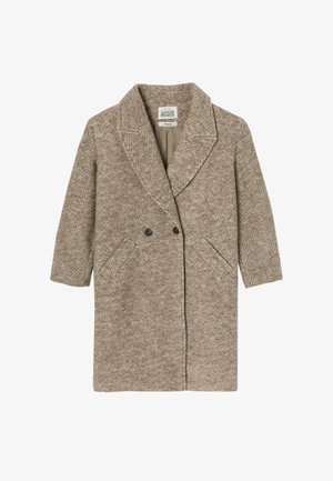 Manteau marron en chevrons avec col cranté, fermeture double boutonnage et deux poches latérales. Fabriqué en tissu texturé, de conception mi-longue.