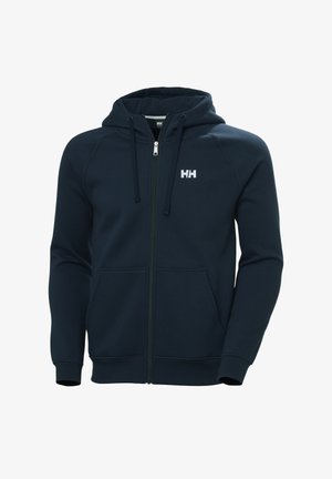Sudadera con capucha azul marino con cremallera, bolsillos delanteros, capucha con cordón ajustable y logotipo blanco "HH" en el pecho izquierdo.