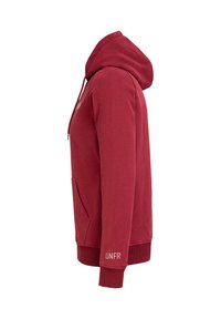 Felpa con cerniera color marrone scuro, dal design aderente, con tasca a marsupio, polsini e orlo a coste. Presenta la scritta "UNFR" ricamata sulla manica.