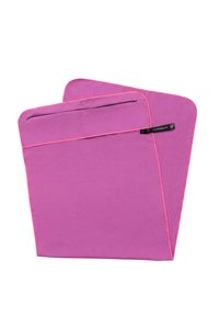 Purple fabric sleeves with pink piping and zippers. Two sizes, smooth texture, minimalistic design, featuring a tag on one sleeve.