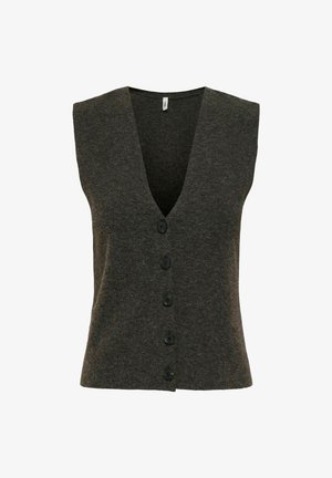 Dark gray sleeveless vest with a deep V-neck, featuring a row of five black buttons down the front and a textured knit fabric.