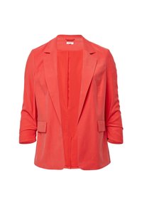 Blazer pour femmes en rouge corail avec des revers crantés, des manches retroussées, des poches à rabat et une fermeture ouverte.