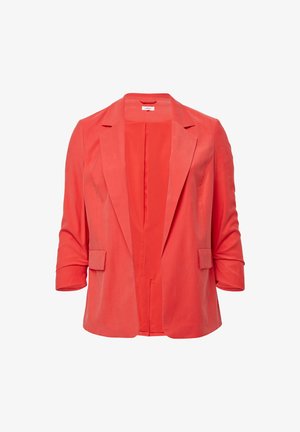 Korallenrote Damenblazer mit Reverskragen, hochgeschobenen Ärmeln, Klappentaschen und offenem Frontdesign.