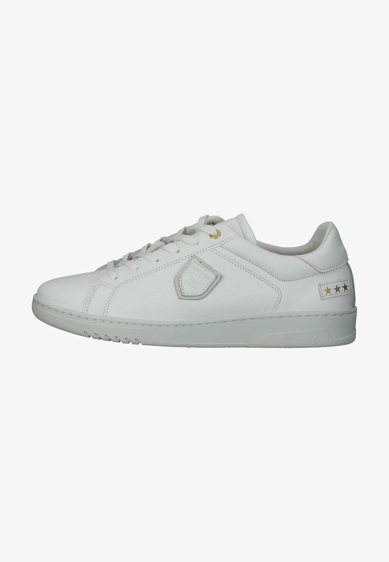 White leather sneakers with a smooth texture, round toe, and lace-up design. Features a logo patch and gold accents; includes five-star graphic detail.