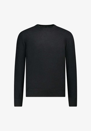 Pull en tricot noir à manches longues, avec un col et un ourlet côtelés. Il présente une texture lisse et une silhouette classique, idéale pour le superposé.