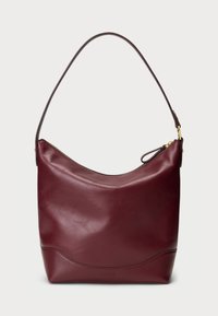 Bordo kožni torba za rame s glatkom teksturom, zakrivljenim oblikom, gornjim zatvaračem na patentni zatvarač i jednom podesivom trakicom. Suptilni brend na dnu.