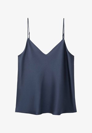 Mornarsko plava satenasta majica na naramenice s V-izrezom, tankim podesivim naramenicama i tekućom, glatkom teksturom. Jednostavan dizajn bez uzoraka ili ukrasa.