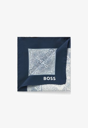 Navy silk scarf featuring a paisley pattern in light blue and white, with a prominent "BOSS" logo in white on a dark section.