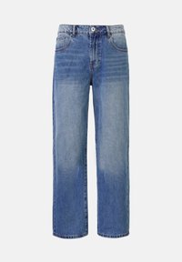 Jeans de mezclilla de pierna ancha en azul claro con un patrón de desvanecimiento, cinco bolsillos y cierre de cremallera. Presenta un botón y passadores para el cinturón en la cintura.