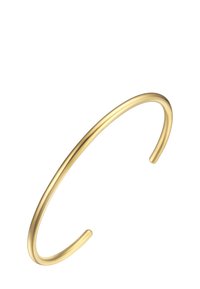Zlato obarvan kovinski zapestnica v obliki manšete s gladkim, zaobljenim dizajnom in odprtima koncema, ki se ponaša s preprosto, minimalistično obliko in sijočo površino.