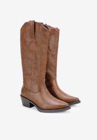 Stivali da cowboy in pelle marrone con punta affusolata, cuciture decorative e linguette; tacco basso impilato e texture liscia.