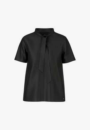 Black short-sleeve top with a high neck and front tie detail. Smooth fabric with a slight sheen. Features a small logo at the hem.