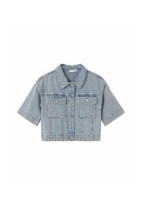 Lühikeste varrukatega helesinine denimjope, millel on kaks eesmist taskut ja nööbikinnitus. Klassikaline kraedesain ja pleekinud tekstuur.