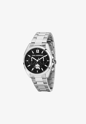 Silver stainless steel watch with a black dial, three subdials, silver accents, and bold hour markers. Features a linked bracelet style.