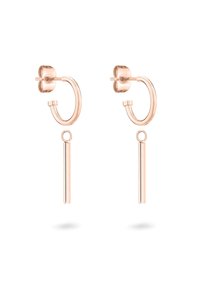 Orecchini a cerchio in oro rosa con un design curvo, caratterizzati da un accento cilindrico pendente per un tocco di dettaglio in più. Finitura in metallo lucido.