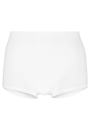 Białe majtki z wysokim stanem o miękkiej, gładkiej fakturze i elastycznym pasem. Projekt jest bezszwowy, bez widocznych szwów.