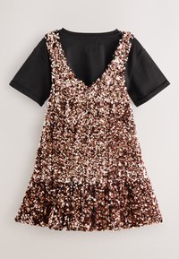 Črna majica s potiskom v obliki obleke z globokim V-izrezom na hrbtu, okrašena z rjavimi in rožnato zlatimi bleščicami, s krilom v obliki zvonca in kratkimi rokavi.