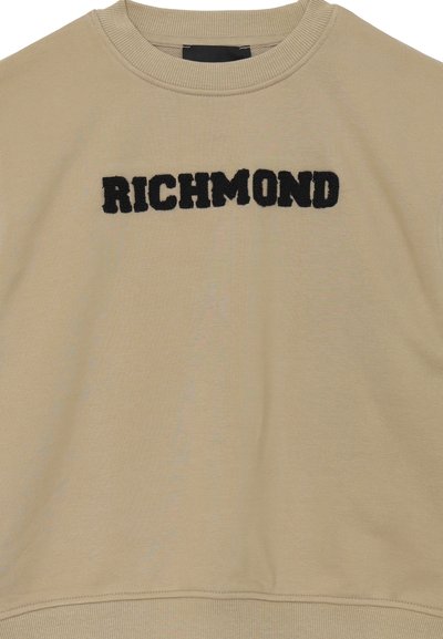 Felpa beige con colletto a coste, caratterizzata da un ricamo nero con la scritta "RICHMOND" sul davanti. Tessuto in morbido cotone misto.
