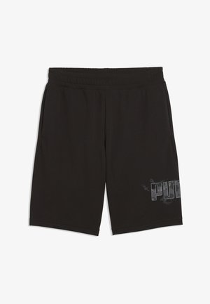 Shorts de sport noirs avec ceinture élastique et poches latérales, arborant un logo Puma partiellement visible en gris sur la jambe droite.