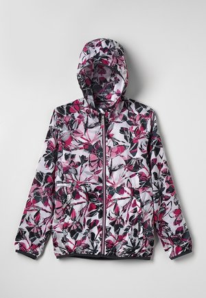 Kurtka przeciwwiatrowa z kapturem, z pełnym zamkiem błyskawicznym, elastycznymi mankietami oraz różowo-czarnym-białym wzorem kwiatowym na jasnym tle.