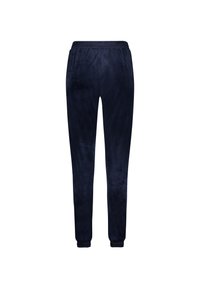 Mörkblå velour sweatpants med elastisk midja, åtsittande ben och ribbade muddar vid anklarna, med en mjuk, strukturerad yta.