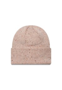 Gorro de malha rosa claro com dobra na aba, apresentando uma textura salpicada de manchas mais escuras por todo o lado. Material suave e flexível.
