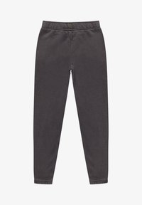 Grijze katoenen joggingbroek met elastische tailleband en boorden. De stof lijkt zacht met een gladde textuur en zonder zichtbare patronen of accessoires.