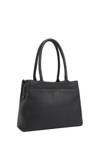 Zwarte leren handtas met dubbele ronde handgrepen, gestructureerde vorm, zichtbare stiksels en een gladde textuur. Bevat een ritssluiting en een zijvak.