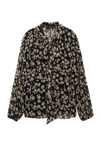 Blouse noire à motif floral avec des marguerites blanches et jaunes, dotée d'un col à nouer, de manches longues et d'une texture en tissu transparent.