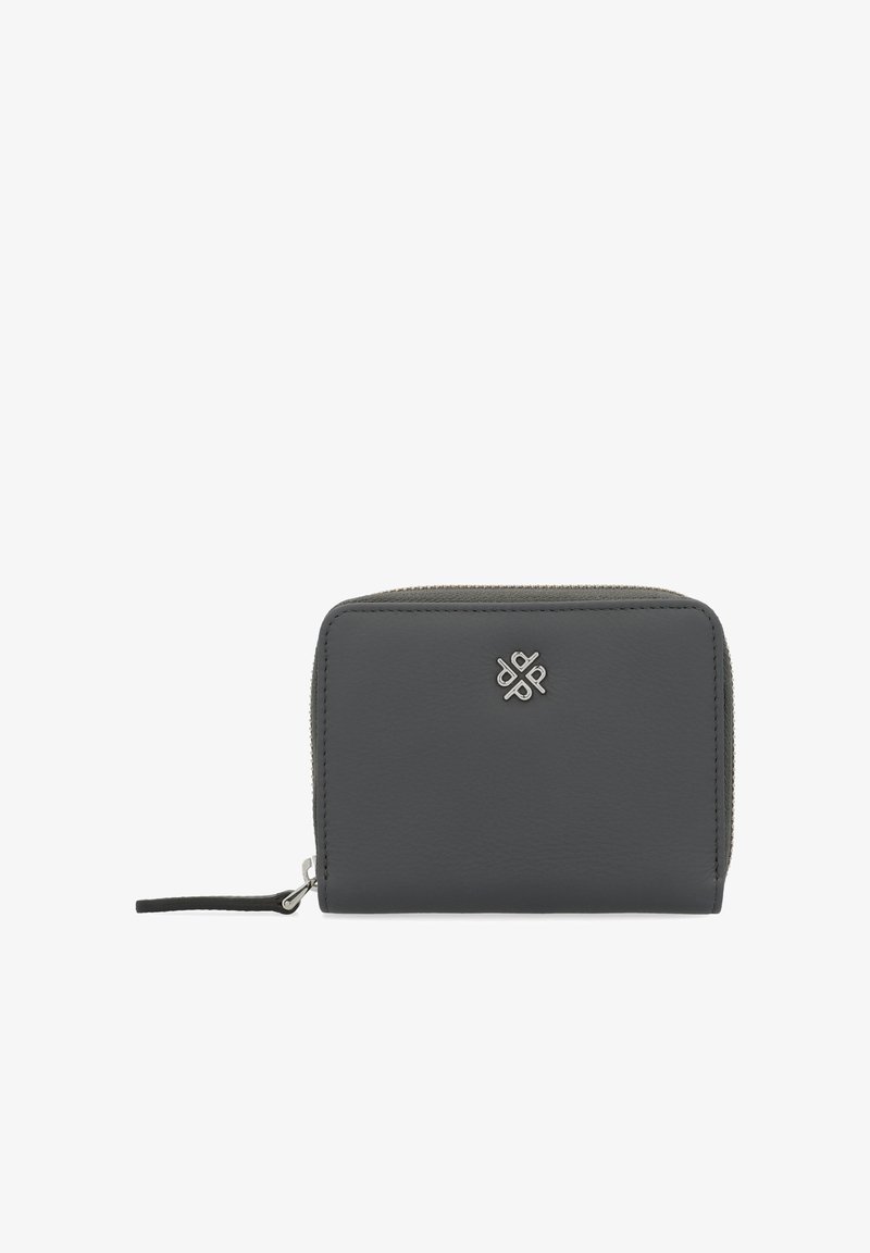 Gray leather wallet with a zip closure, rectangular shape, and a small logo accent on the front. Smooth texture and compact design.