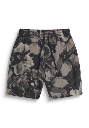 Black and gray floral patterned casual shorts with elastic waistband and black drawstrings, front pockets, and relaxed fit.