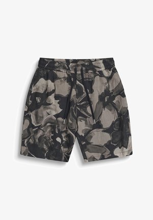 Black and gray floral patterned casual shorts with elastic waistband and black drawstrings, front pockets, and relaxed fit.