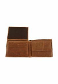 Brown leather wallet with multiple card slots, a large compartment, and a dark fabric section. Smooth texture with embossed branding.
