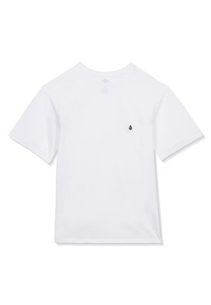 T-shirt blanc à manches courtes et col rond avec petit logo noir en forme de larme sur le côté gauche de la poitrine, posé à plat sur fond blanc.