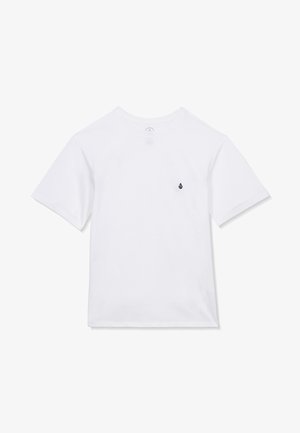 T-shirt blanc à manches courtes et col rond avec petit logo noir en forme de larme sur le côté gauche de la poitrine, posé à plat sur fond blanc.