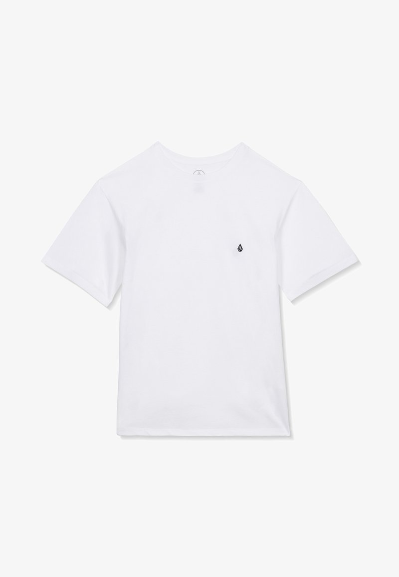 T-shirt blanc à manches courtes et col rond avec petit logo noir en forme de larme sur le côté gauche de la poitrine, posé à plat sur fond blanc.
