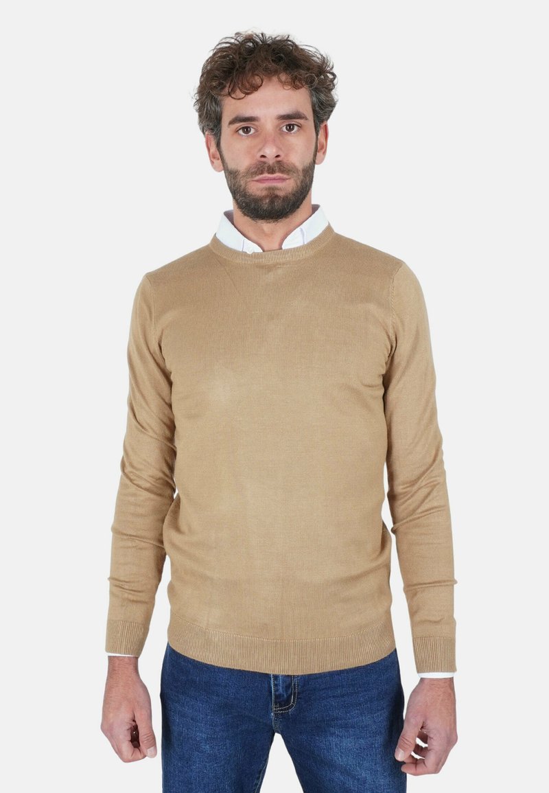 Maglione beige lavorato a maglia con scollo rotondo, maniche lunghe e orlo a coste. Indossato sopra una camicia bianca con colletto. Abbinato a jeans blu scuro.