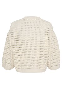 Sweter w stylu szydełkowym w kolorze off-white z trójkątnymi wycięciami, luźny krój, ściągacze rękawów i dół. Teksturowany materiał zwiększa oddychalność.