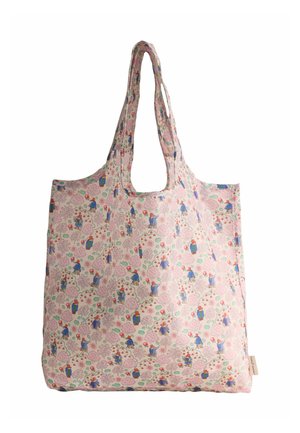 Wiederverwendbare Tragetasche mit pinkem Hintergrund, mit kleinen Illustrationen von Kindern, Bäumen und Blumen in Blau, Rot und Grün.