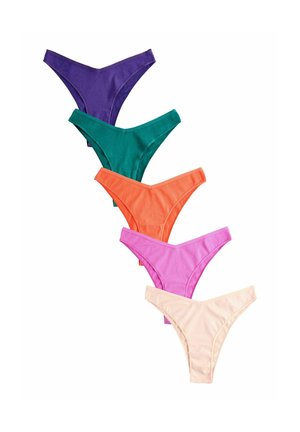 Set di cinque perizoma in cotone da donna nei colori viola, verde, arancione, rosa e beige. Ognuno presenta un design semplice e liscio con vita bassa.