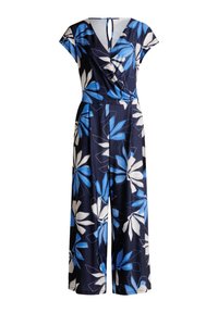 Tuta navy con motivo floreale blu e bianco, scollatura a V, maniche corte e gamba ampia, realizzata in tessuto morbido e leggero.