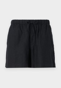 Czarne lniane szorty z elastyczną talią, regulowanym sznurkiem i bocznymi kieszeniami; luźny krój i gładka struktura.