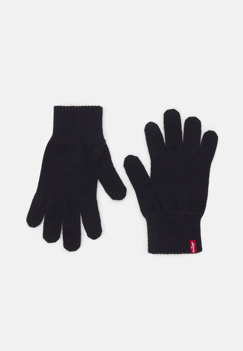Black knit gloves with ribbed cuffs, featuring five fingers and a small red tag. Soft texture, standard shape, designed for hand warmth.
